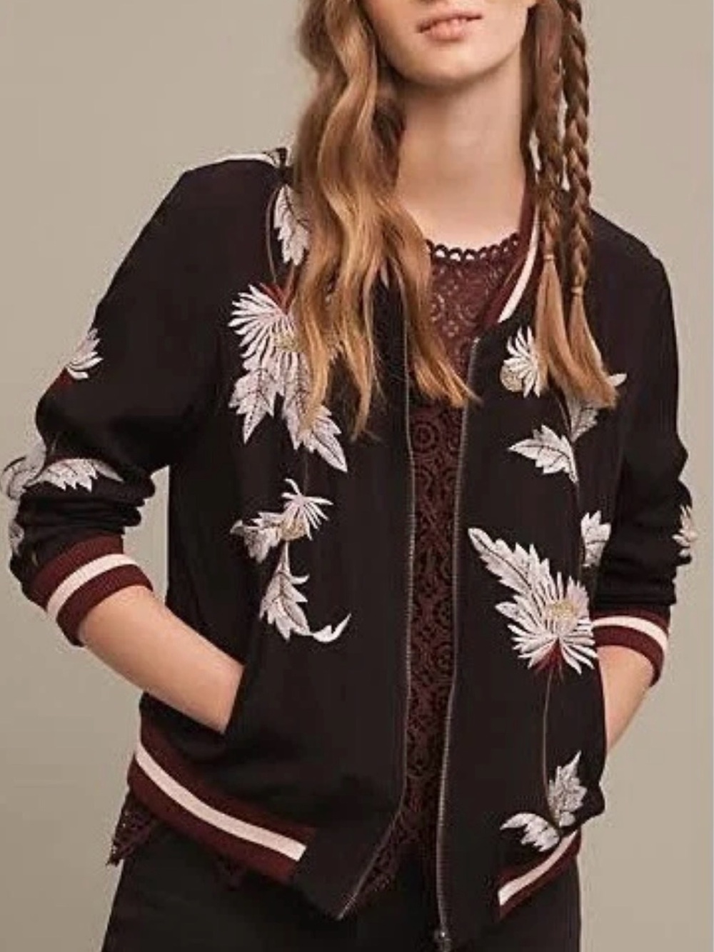Elevenses Bomber Jacket Womens Medium Black Excellent Floral Embroidered Zip Up